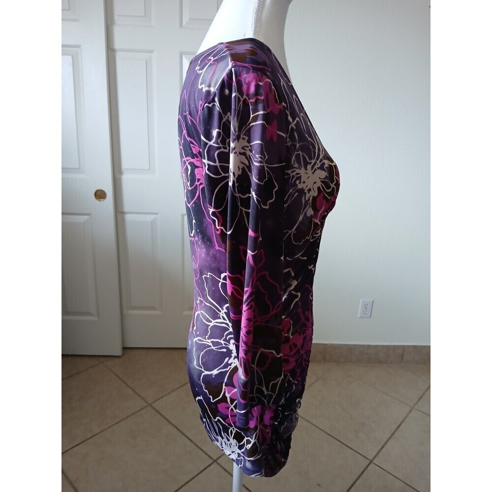 INC International Concepts Woman’s Pink Purple 3/4 Sleeve V Neck Ruched‎  L Y2K - Picture 2 of 14